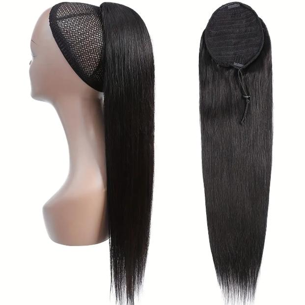 "Straight Human Hair Drawstring Ponytail Extension for Women, Clip-In Secure Fit, 10-28 Inch 100g/Pack, Natural Basic Style for All "	