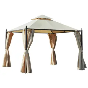 Outsunny 10' x 10' Steel Outdoor Patio Gazebo with Polyester Privacy Curtains, Two-Tier Roof for Air, Large Design