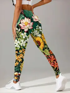Women's High-Waisted Yoga Pants, Lotus Sunflower Print, Tummy Control Butt Lifting, 4 Way Stretch Quick Dry Sports Leggings