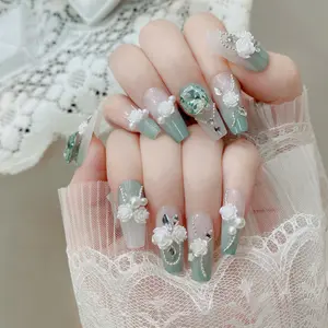 Press on Nails Handmade Nail Art 3D Flower Wearing Nail Patch Fake Nail Patch Light Grey Green Flower Refreshing Fake Nail Patch