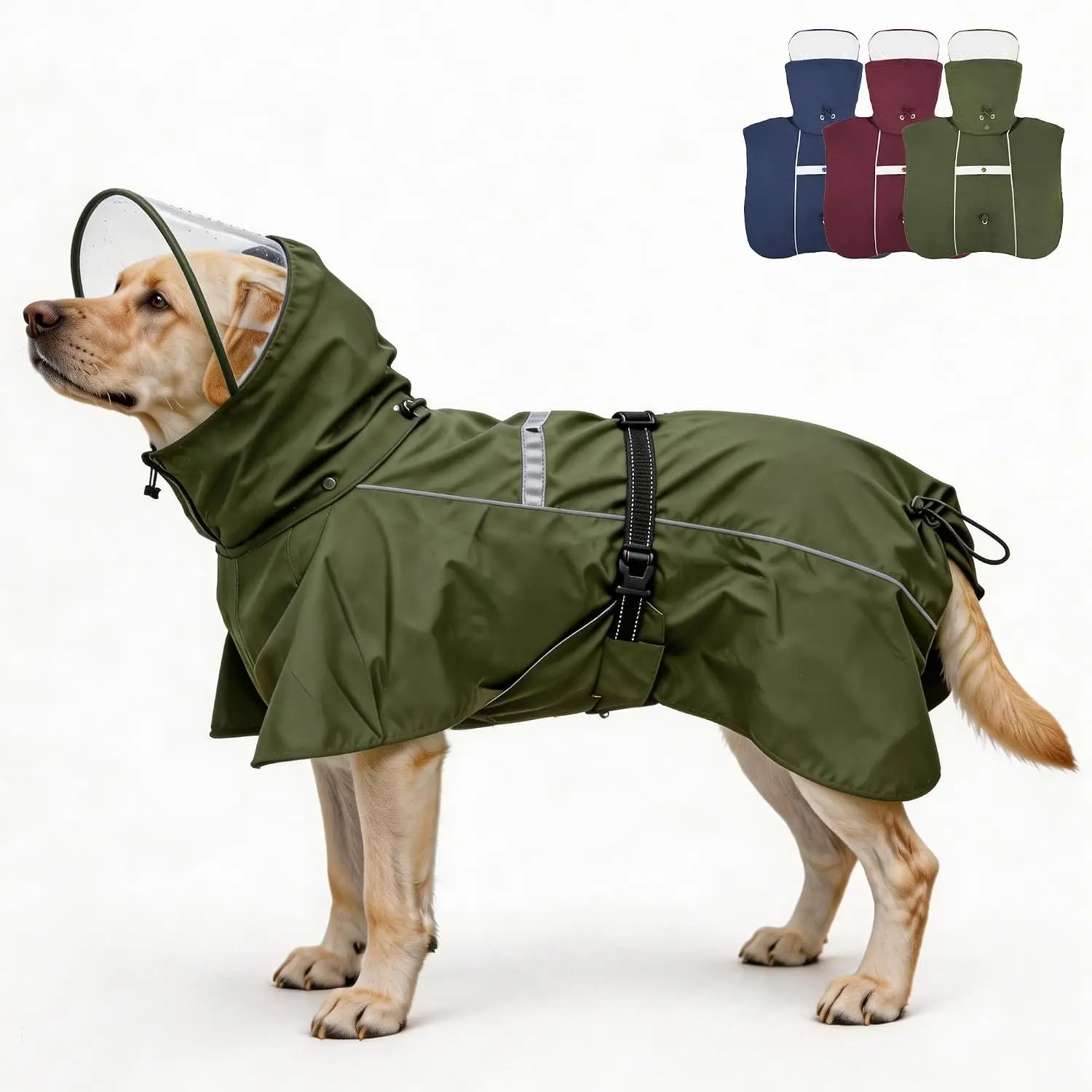 Pet Dog Raincoat Jacket Large Dog Rain Poncho with Transparent Hood, Double-Layer Structure, Adjustable, Waterproof, and Reflective, Suitable for Medium to Large (Army Green, L)