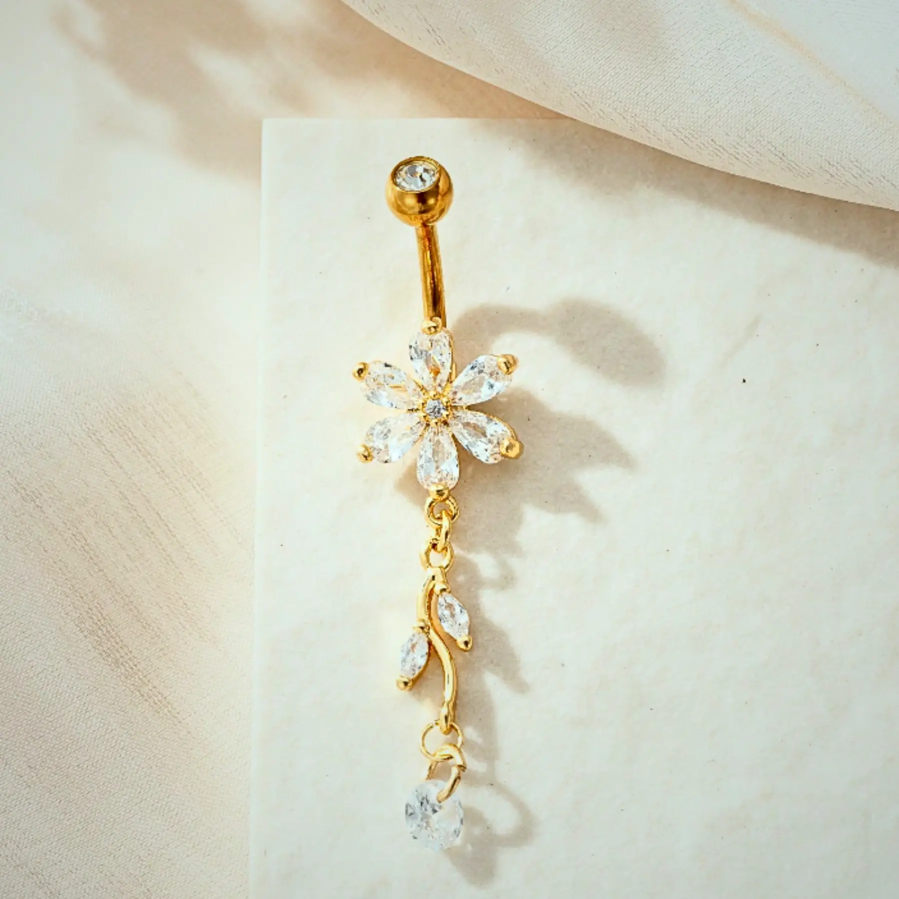 Elegant Flower Design Belly Button Ring, Cubic Zirconia Fashion Jewelry