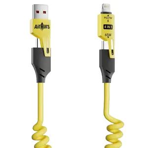 AirMars PD65 4 in 1 Zinc alloy shell spring telescopic usb cable 65W Fast Charging type c to type c cable Widely compatible car charger cable for ios/Type c Smartphone Cellphone