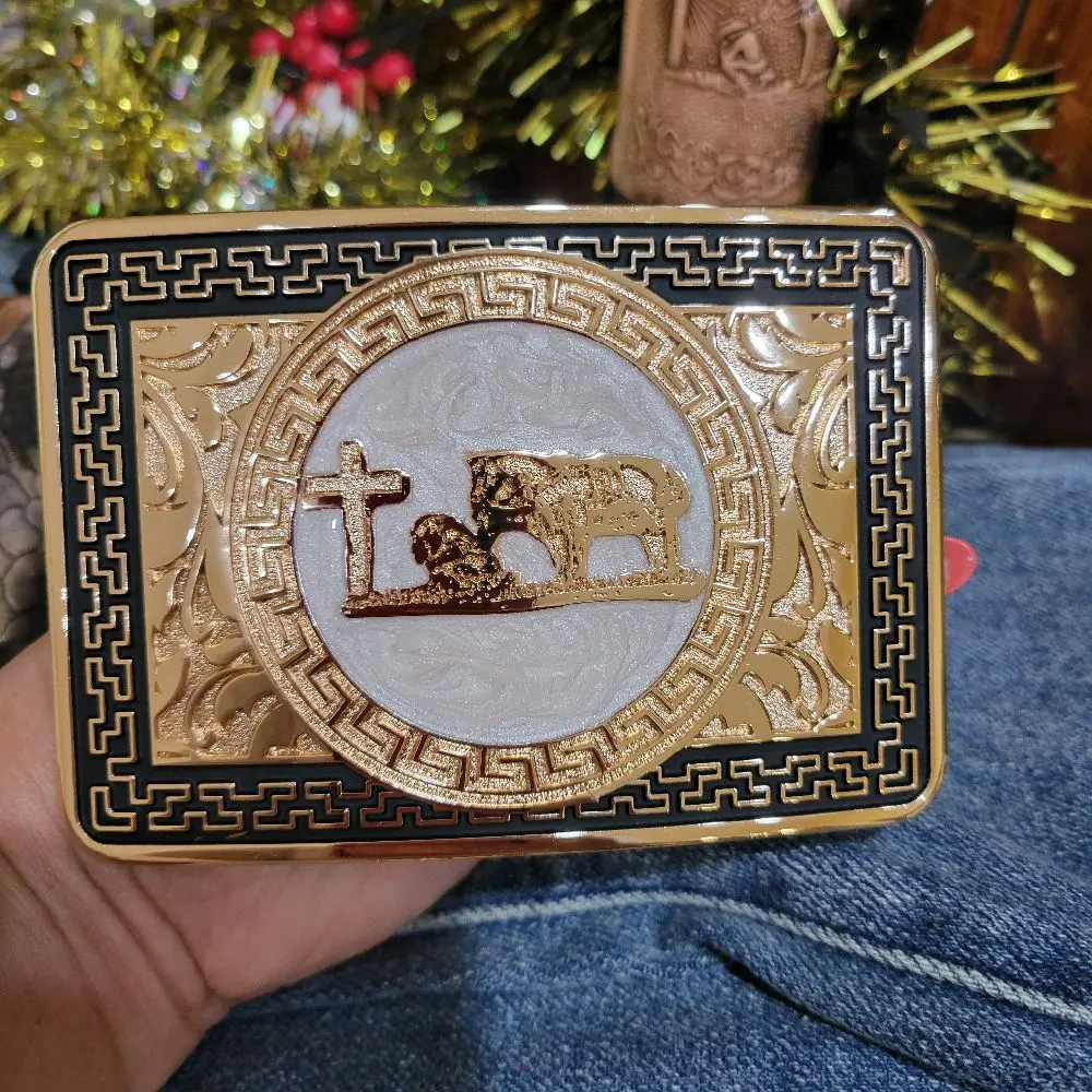 Praying Cowboy buckle Western Silver Rose Gold & Black Enamel Buckle 4.5x3.0" Rodeo Cowboy Design for Upto 2" Belts, High Quality Zinc Alloy