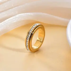 Titanium Steel Cubic Zirconia Anxiety Spinner Ring, Fidget Band for Stress Relief, Comfort Promise Ring for Women & Men Sizes 5-12