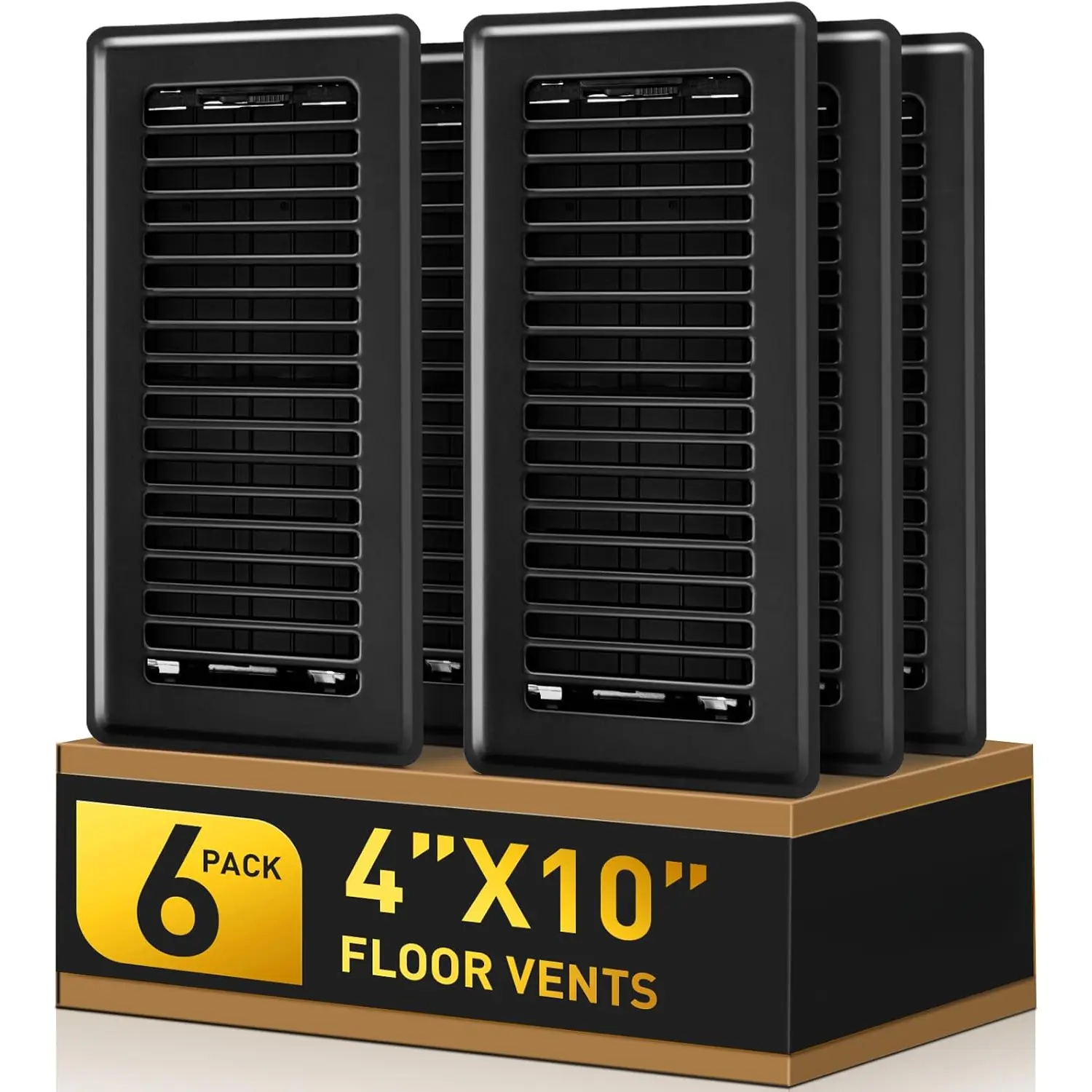 Floor Register 4x10, Floor Vent Covers for Home Floor, Sidewall, Heavy Duty Steel Walkable Floor Grates, Adjustable Air Vent Covers Rust Proof Finish, 4" x 10'' Floor Vent, 6 Pack, Black