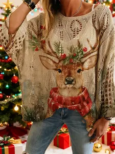 Women's Christmas Knit Top, Long Sleeve V Neck Hollow Out Design, Casual Elegant Holiday Wear, Perfect for Festive Occasions