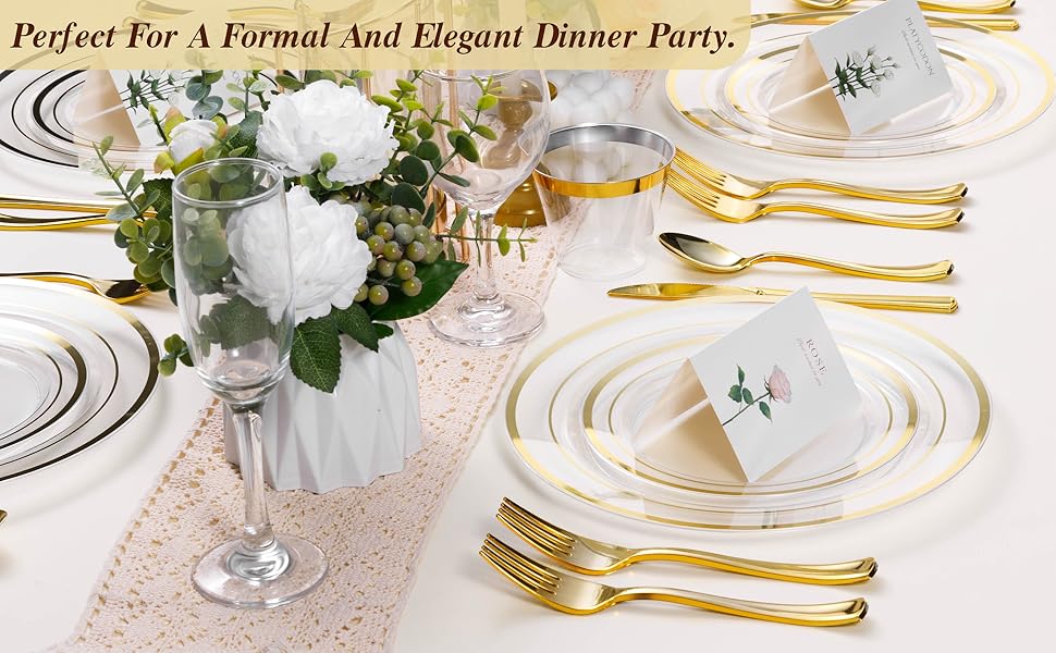100PCS Clear Plastic Plates for Party, Disposable Plates with Gold Rim, Heavy Duty Dinner Plates for Wedding and Birthday 100PCS Clear Plastic Plates for Party, Disposable Plates with Gold Rim, Heavy Duty Dinner Plates for Wedding and Birthday