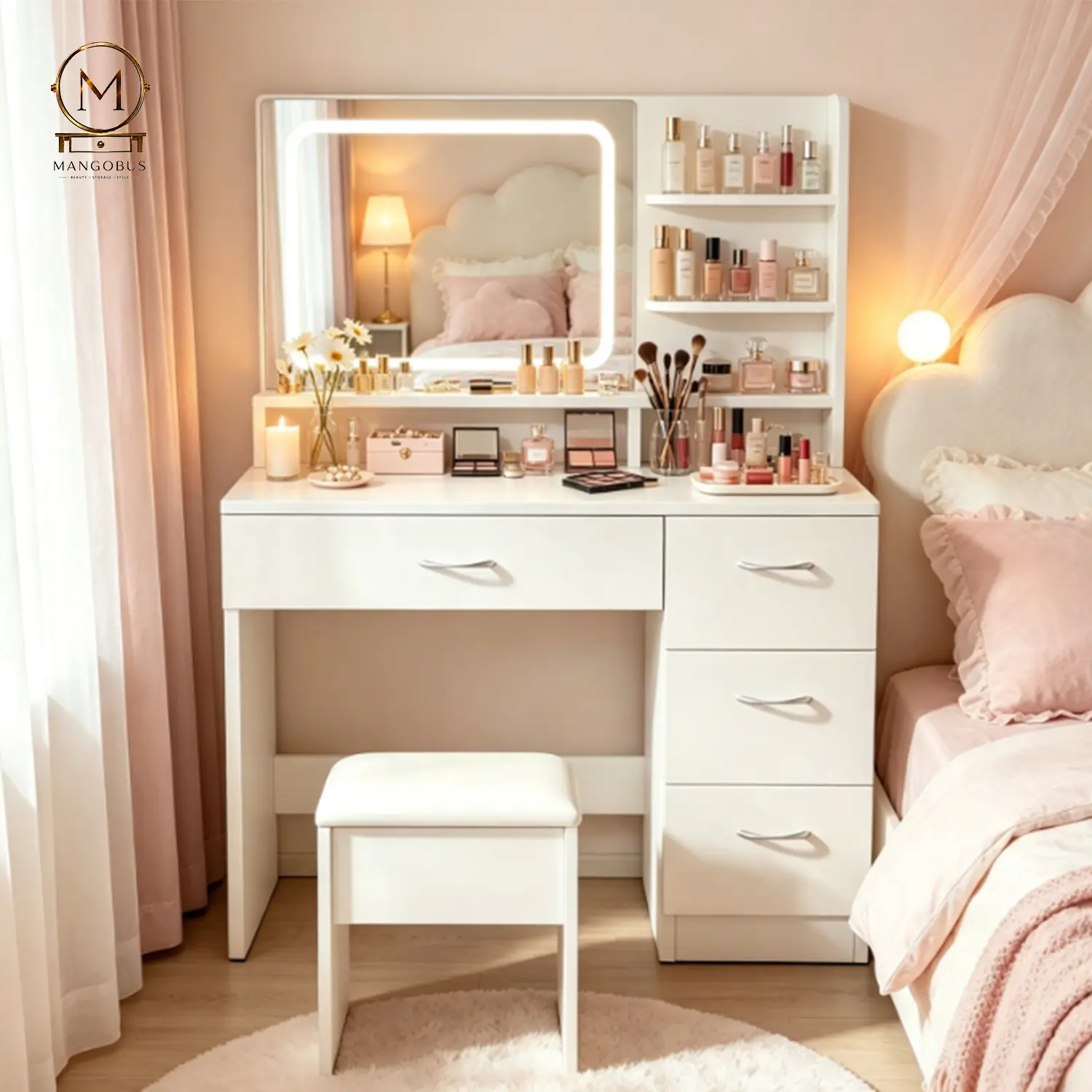 White LED Makeup Vanity Table with Stool, Lighted Mirror, Multi-Storage Drawers, and Hairdryer Rack - Practical Bedroom Dressing Desk for Girls
