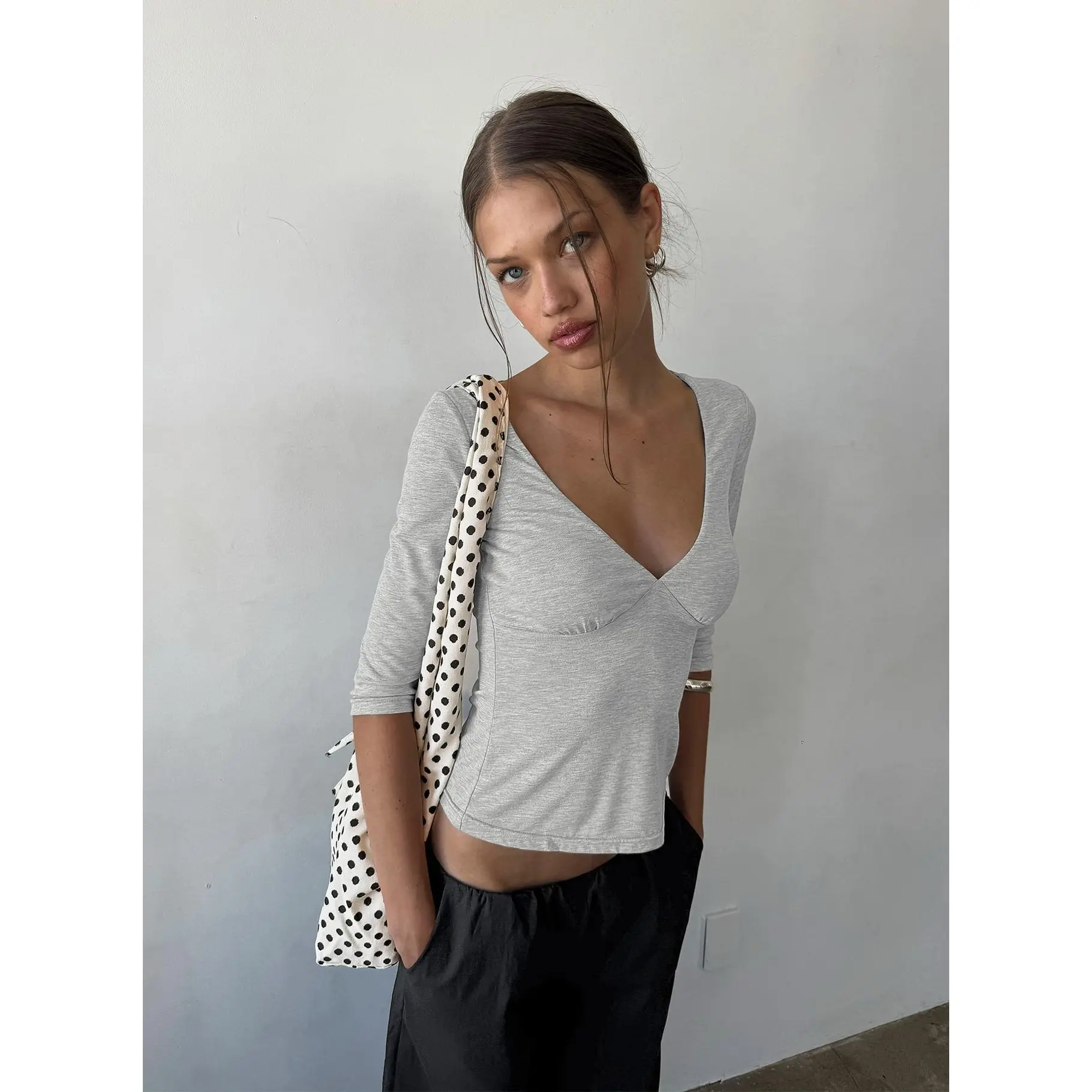 Back To Friends V Neck 3/4 Sleeve Top Grey Marle