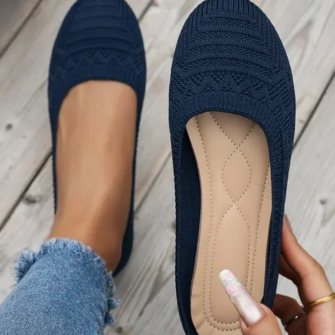 Fashionable Comfortable Low-Top Single Shoes, Round Toe Knit Shoes, Elegant Walking Shoes for All Seasons, Textile Upper, PU Leather Sole