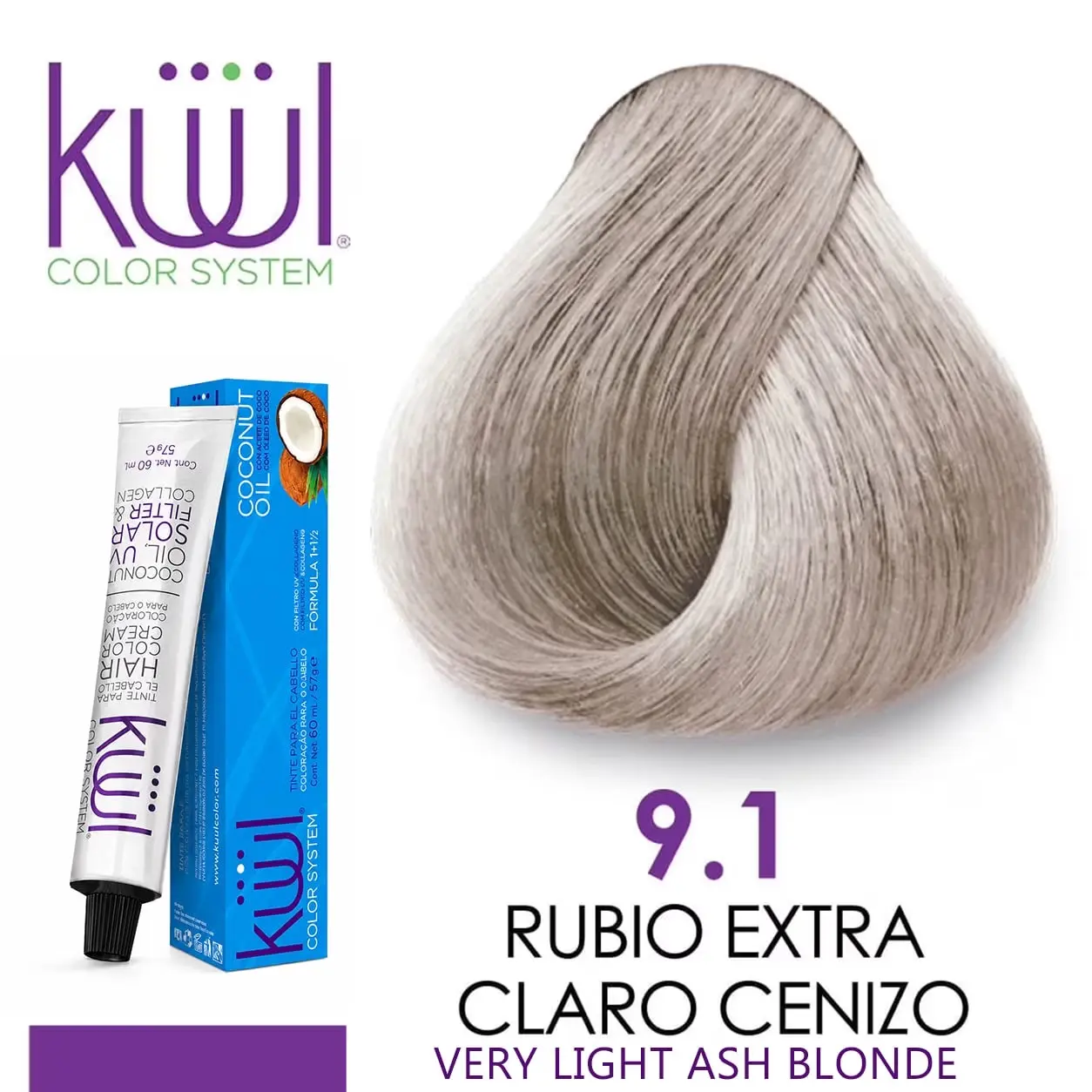 Kuul Color System 9.1 | Rubio Extra Claro Cenizo | Very LIght Ash Blonde | Tinte Para El Cabello | Permanent Hair Dye