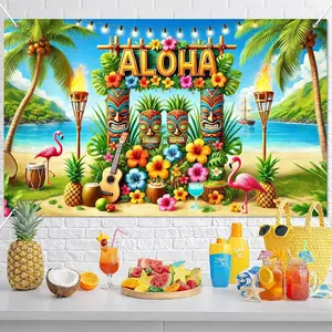 Aloha Hawaii Backdrop Banner, Beach Tropical Photography Decoration, Summer Hawaiian Flamingo Floral Palm Leaves, Party Supplies