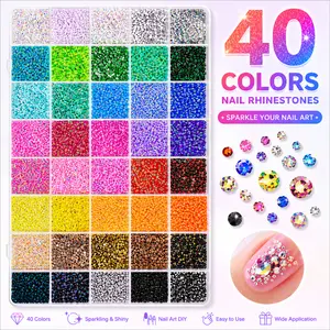 Nail Art Rhinestones Set,40 Grids 32000 Pcs Flatback Acrylic Diamonds,Jelly Rhinestones Synthetic Bead，Dotting Pen, Tweezers – Nail Art Tools & Rhinestone Bedazzling Kit for DIY Manicure, Hair Accessories