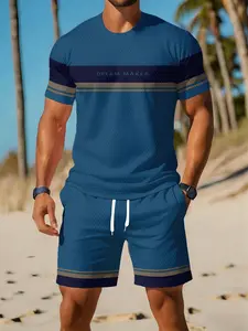 Men's Casual Sportswear Set, Short Sleeve T-Shirt with Shorts, Striped Design, Comfortable Breathable, Summer Fashion Men's Clothing, Activewear Shorts Set