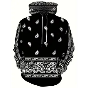2026 Adult 3D Print Fashion Hoodie - Casual Pullover with Large Pocket, Black and White Paisley Bandana Design, Polyester, Machine Washable, Plus Size
