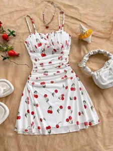 Women's Vintage Maple Leaf Print Pleated Mini Spaghetti Strap Sleeveless Dress, Retro Style, Casual Fashion, Perfect for Spring and Fall, Stylish and Comfortable