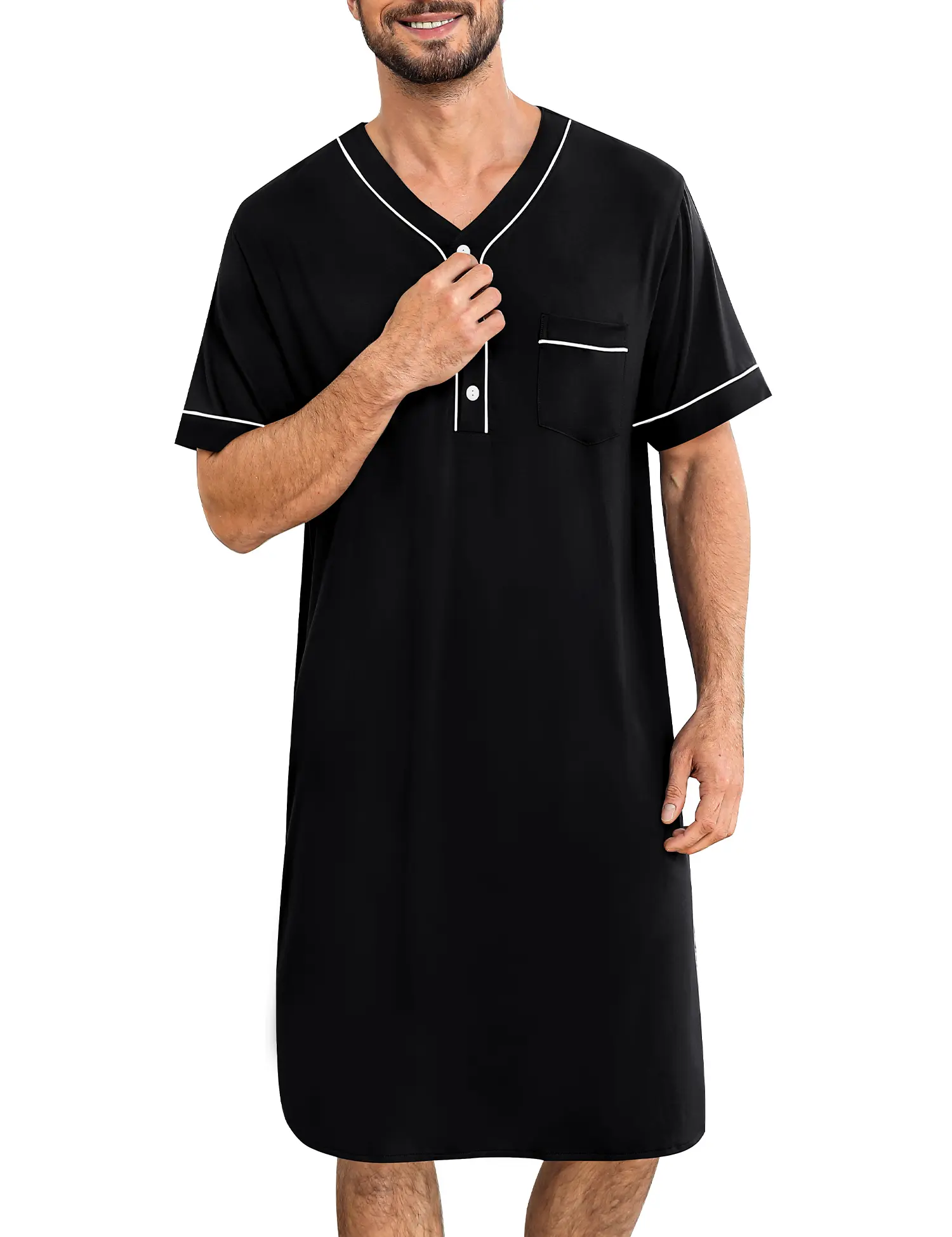 SWOMOG Mens Nightgown Short Sleeve Lounge, Sleep Henley Shirt Pajama Big & Tall Nightshirt Comfy Nightwear M-3XL