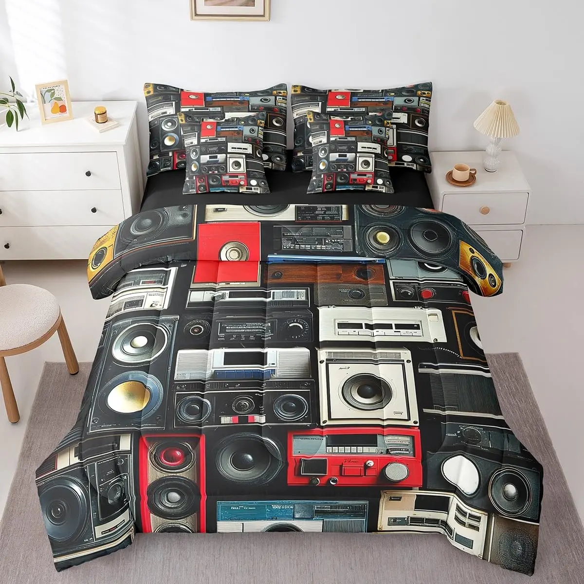 Retro Voice Box Comforter Set 7 Piece Bed in a Bag,80S 90S Bedding Sets Loudspeaker Box Sheet Set with Comforter,Vintage Mobile Music Box Musical Sound Machine Bed Set