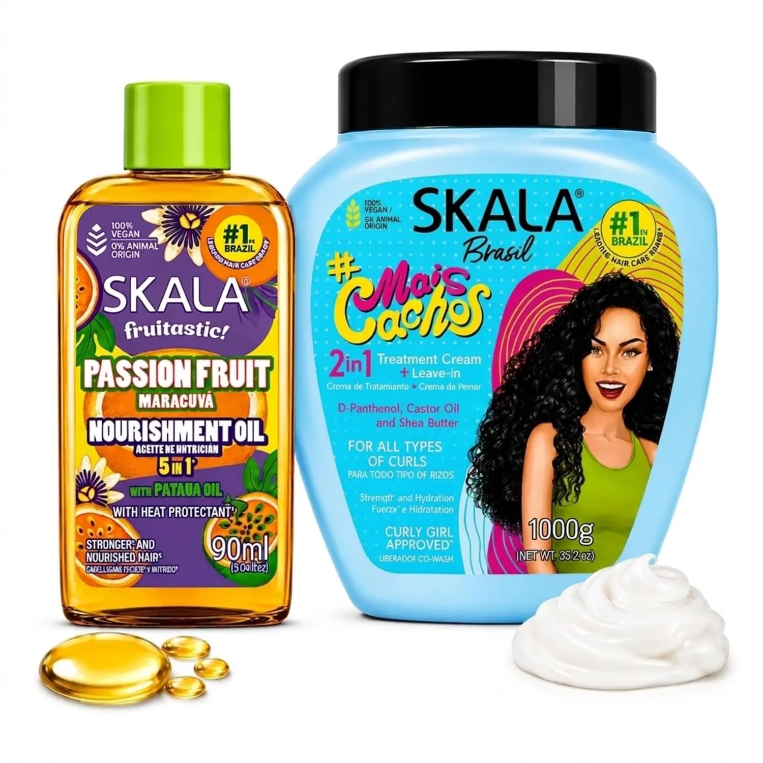 SKALA Mais Cachos Curl Cream Leave In Conditioner 1kg + Curly Hair Oil 90ml | Brazilian curly hair products wavy 3A 3B 3C curls vegan anti frizz passion fruit nourishment oil heat protectant
