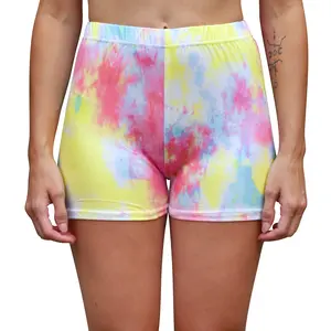 Daisy Del Sol Women’s High Waisted Yoga Pilates Forbidden Pants Athleisure Printed & Solid Stretchy Knit Boyshort Biker Loungewear Shorts  - Rainbow Tie Dye