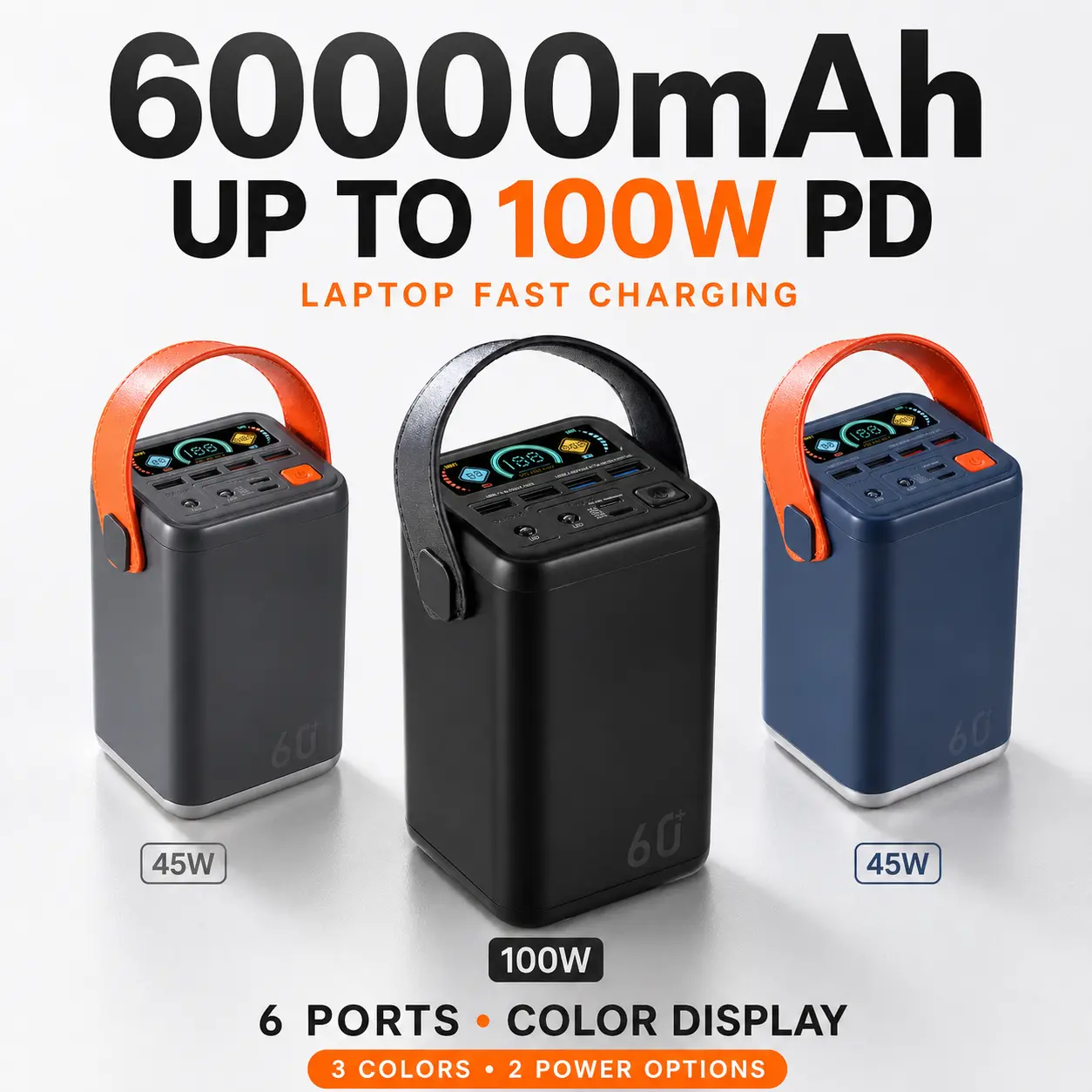 METABUNNY 60000mAh 100W PD Fast Charging Power Bank - 45W/100W 6 Ports Color Screen Portable Charger with Smart Digital Display for Laptop iPhone Travel Outdoor