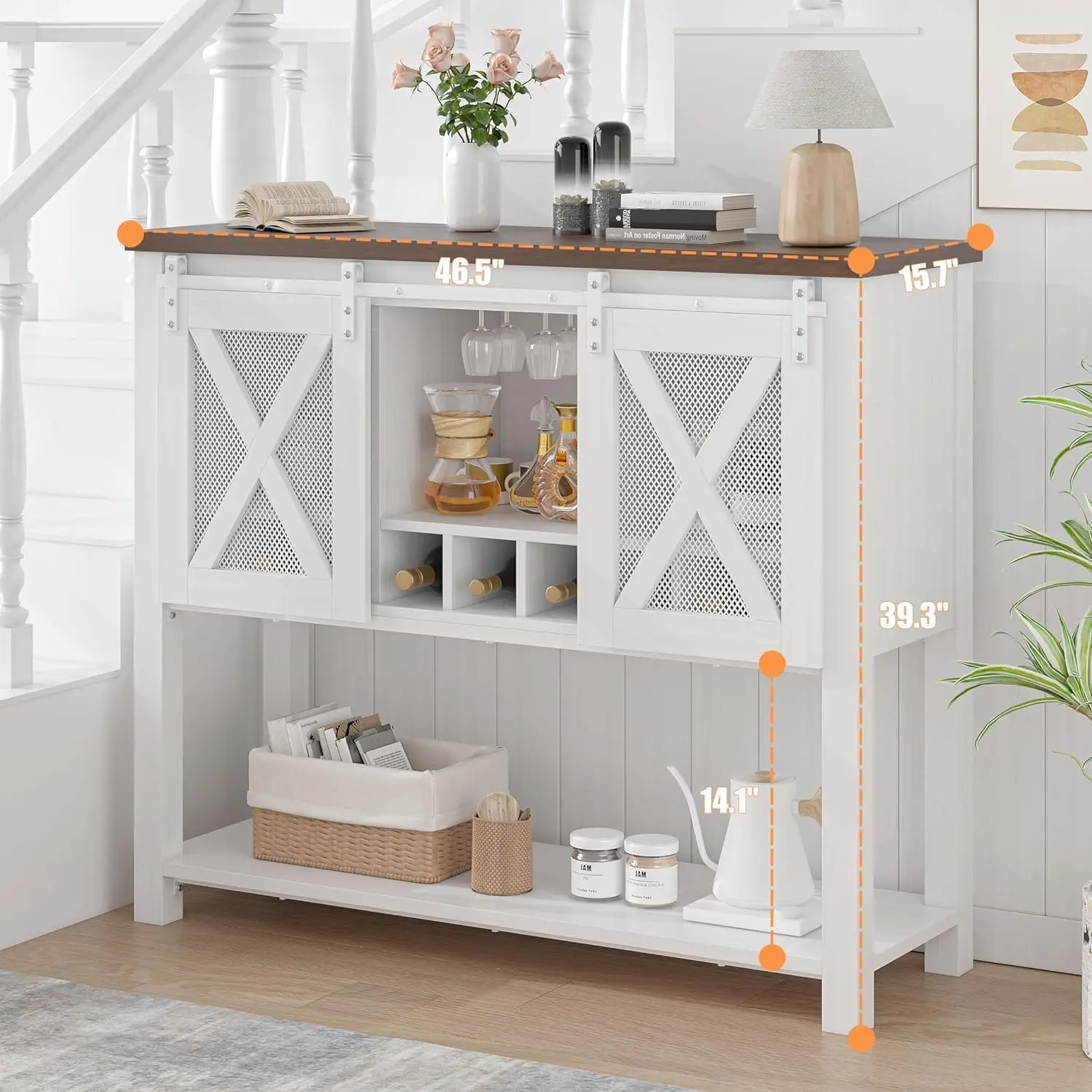 Durable White Farmhouse Buffet Cabinets - 46.52" Wide Freestanding Buffet Sideboard, Sliding Barn Doors, Wine Rack, Glasses Holder, Assembly Required for Living & Dining Room