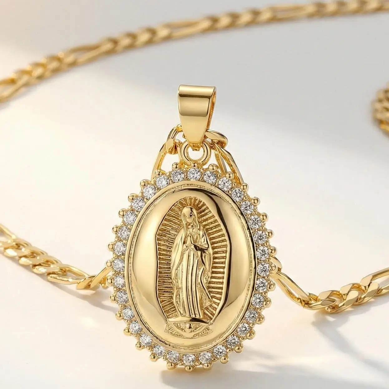 Plated Elegant Virgin of Guadalupe Pendant Necklace with Durable Cubic Zirconia 18K Gold Flat Link Chain for Daily Wear Parties and Special Occasions Gold Accessories