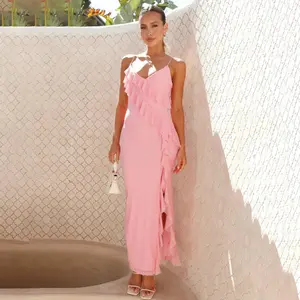 Sleeveless Strap Dress with Ruffles and Tie for Gatherings OOTDshoppinggaggict Atmosphere Party Dress Banquet Backless Split
