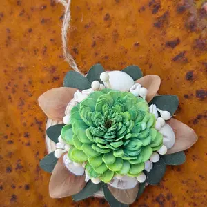 Wood Flower Seashell Ornament Handcrafted with Natural Elements for Home Decor Unique Design on Pine Wood Disk 3 1/2" Diameter Decorative Hanging Piece