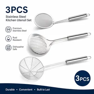 3 Piece Stainless Steel Spider Strainer Set – Solid & Mesh Skimmer Ladles for Hot Pot, Frying, Pasta – High Heat Resistant, Rustproof, Easy to Clean – Essential Kitchen Utensils