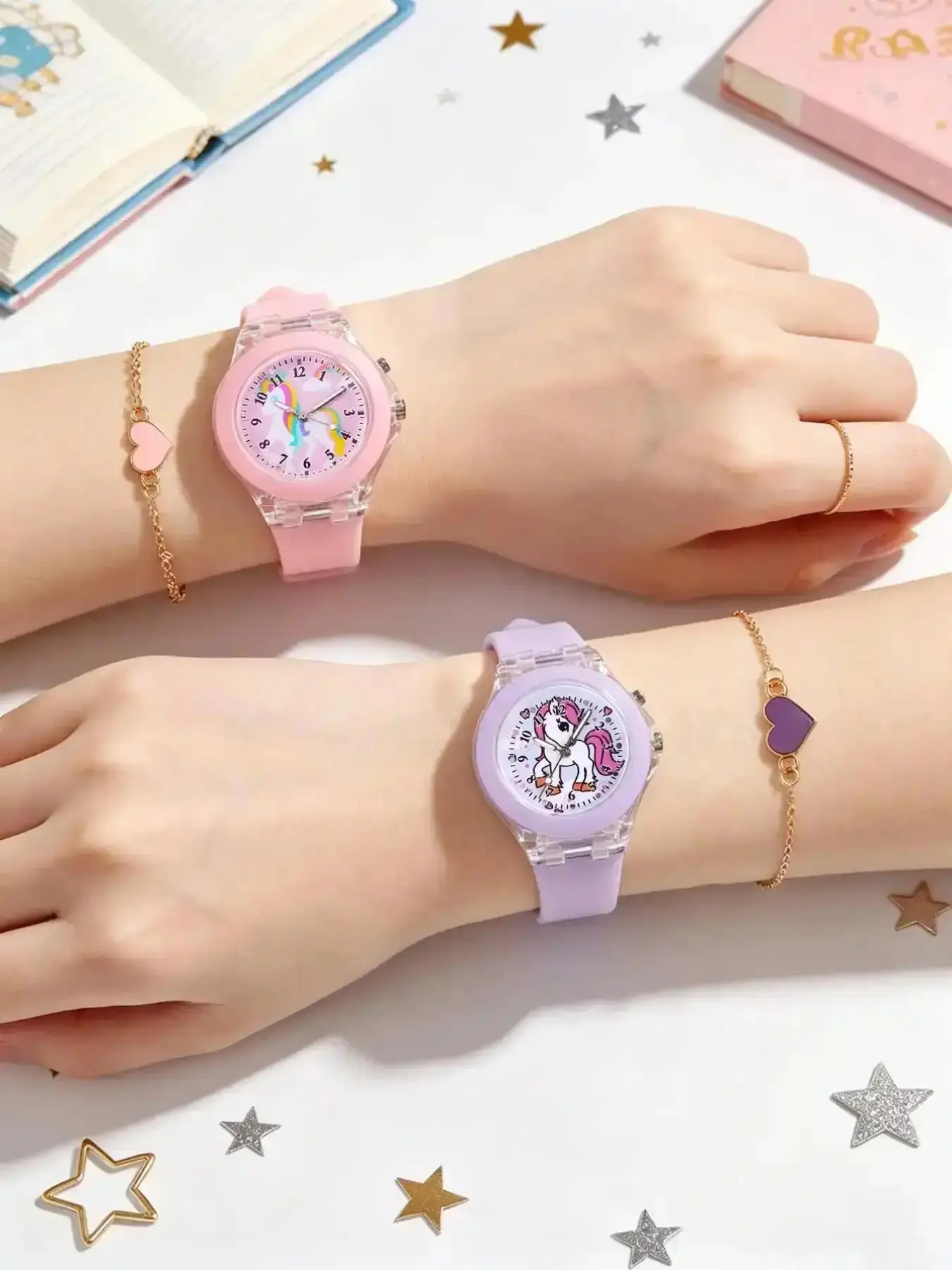 2026 New Model Cute Unicorn Theme Silicone Wristwatch Set with Glowing Quartz Movement Watches, Heart Bracelet, Fun Birthday Gift for Kids, No Box Included Exquisite Perfect Elegant Chic Glamorous Piece Wear Style