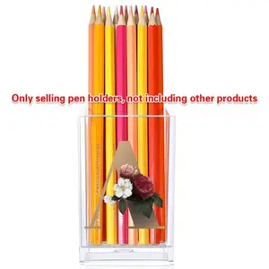 Clear Acrylic Pen Holder, 1 Box Flower & Letter Pattern Square Pen Stationery Makeup Brush Holder, Desktop Pencil Cup, Stationery Organization, Desk Organizer Tidy