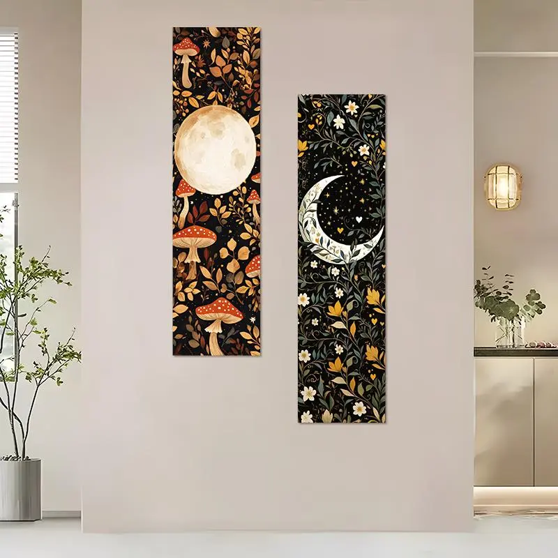Mysterious Bohemian Tapestry Style Mushroom Moon Floral Pattern Wall Tapestry, 2 Counts/set Vertical Tapestry, Wall Hanging Decor, Boho Decor for Home Living Room Bedroom, Flower, Trippy Tapestry