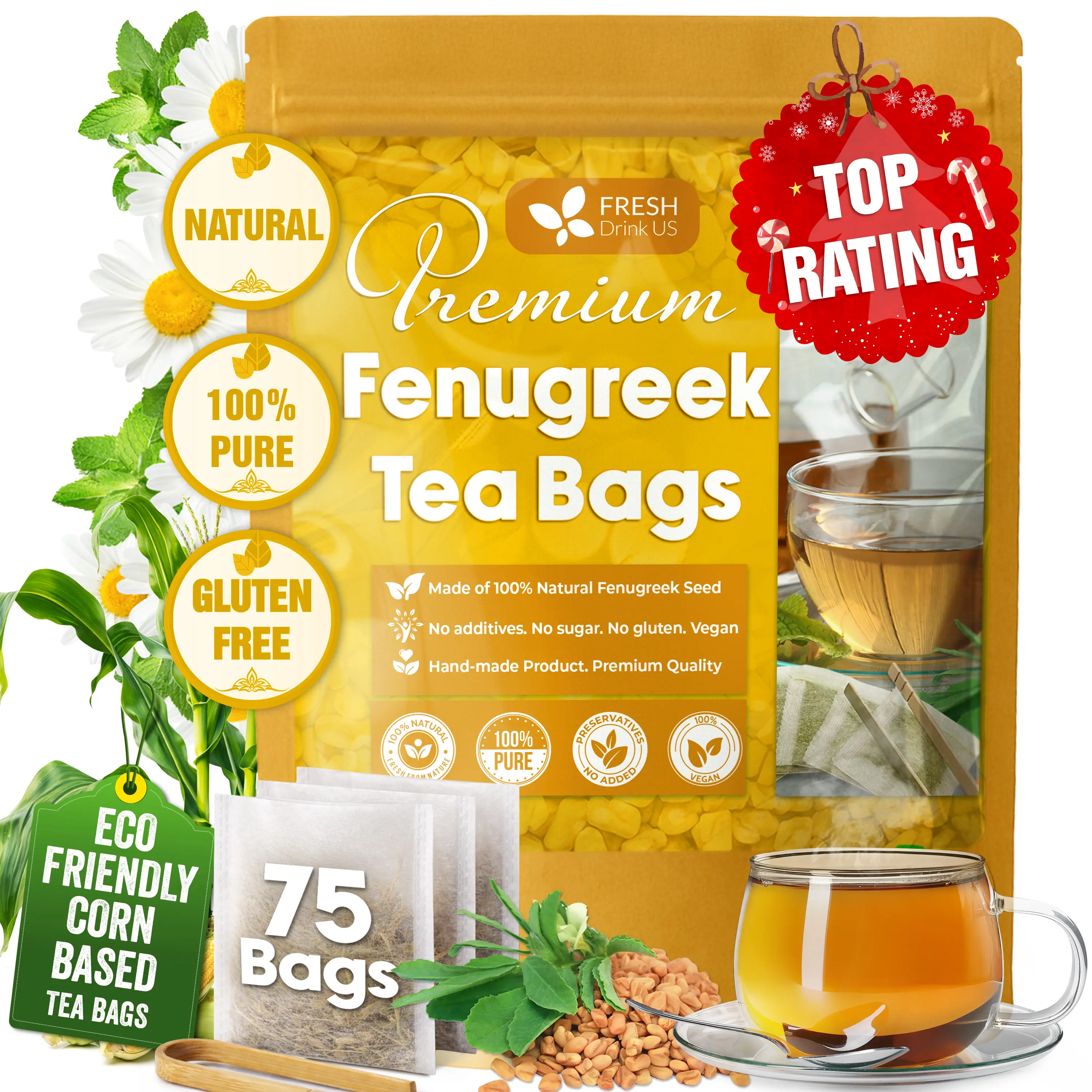 【FreshDrinkUS】 Premium 75 Fenugreek Tea Bags, 100% Natural & Pure from Fenugreek. Fenugreek Herbal Tea. Made with Natural Material Tea Bags. No Sugar, No Caffeine, No Gluten, Vegan. Beverage