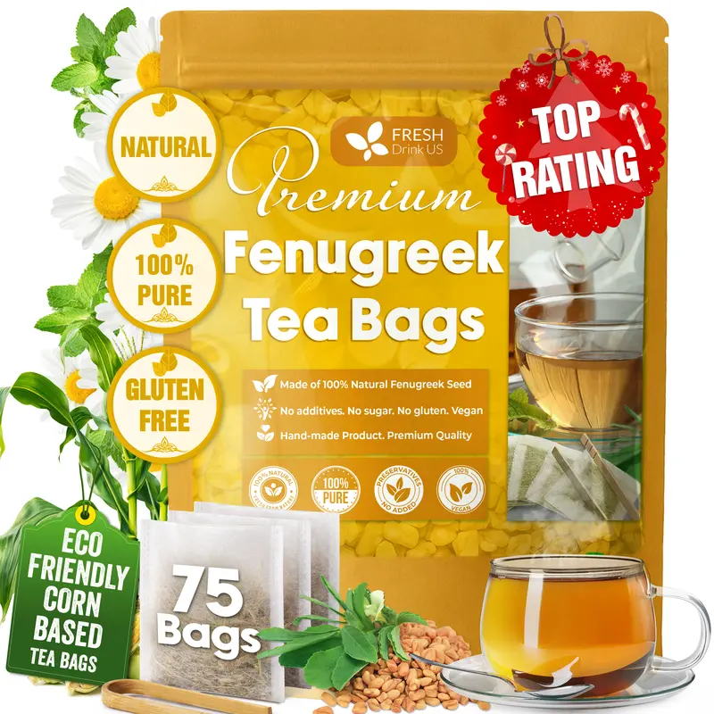 【FreshDrinkUS】 Premium 75 Fenugreek Tea Bags, 100% Natural & Pure from Fenugreek. Fenugreek Herbal Tea. Made with Natural Material Tea Bags. No Sugar, No Caffeine, No Gluten, Vegan. Beverage
