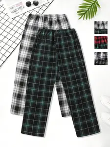 Men's Plaid Print Knitted Pajama Pants, Casual Comfy Elastic Waist Lounge Trousers for All Seasons, Men's Sleepwear for Daily Wear, Loungewear