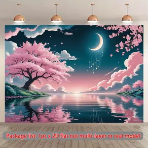 One cherry blossom moonlit lake scene tapestry - a spring-themed decorative item, a versatile fabric art panel suitable for all four seasons, suitable for bedrooms, party backgrounds, and home decoration, easy to hang