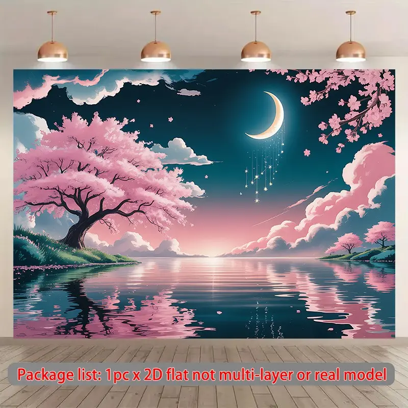 Retro Cherry Blossom Moonlit Lake Polyester Tapestry - Vintage Retro Fantasy Aesthetic Room Art, Easy-to-Hang Spring-Themed Home Decor, Machine Washable Wall Hanging, Ideal for Bedrooms
