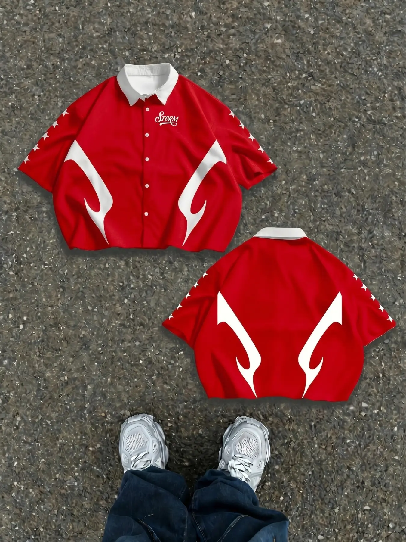 Men's Red & White Storm Streetwear Cropped Shirt, Oversized Short Sleeve Button-Up with Star & Flame Print, Perfect for Casual Outings, Y2K Style, and Everyday Wear, Casual Printed #Streetwear #CroppedShirt #RedAndWhite #StarPrint #OversizedFit