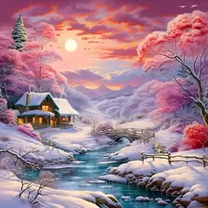 5D DIY Full Drill Diamond Painting - Diamond Painting Kit Winter Cottage Mosaic Canvas DIY Wall Art, Home Wall Decoration Diamond Art Tools