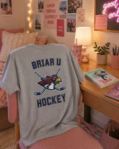 Briar U Hockey T-Shirt, Hawk Mascot Collegiate Sports Tee, Crossed Hockey Sticks Graphic Shirt