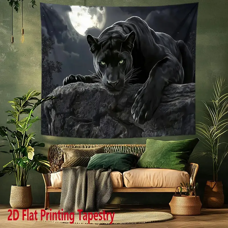 Polyester 2D Flat-Printed Decorative Wall Tapestry - 70s Inspired Goth Home Decor, Moonlight Black Panther Forest Animal Room Art, Machine Washable, Ideal for Living Rooms, Family Gift Decoration