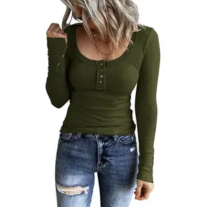 Women? Long Sleeve Henley T-Shirts, Button-Down Slim Fit Tops, Scoop Neck Ribbed Knit Shirts