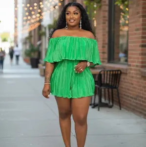 You Not Ready Romper - Off Shoulder Solid Pattern Above The Knee Style in Green Polyester & Spandex Material Pre Order Available in Pink and Purple Women's Basic Shortsleeve Romper
