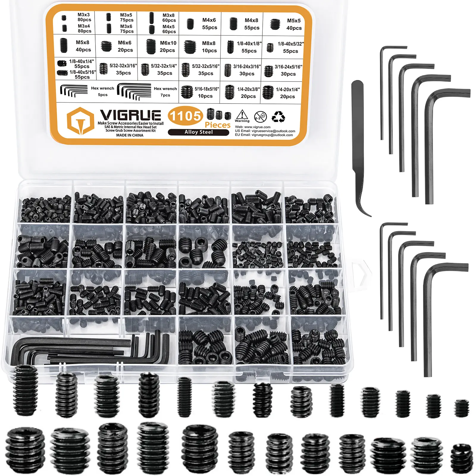 VIGRUE 1105PCS 25 Sizes Metric & SAE Set Screw Assortment Kit Internal Hex Drive Allen Grub Screws Set Cup-Point Alloy Steel, M3 to M8 and 1/8-40 to 5/16-18 galvanized square steel Heavy Duty