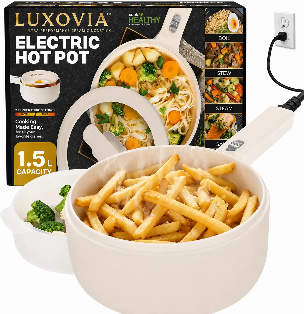 1.6L Round Corded Non-Toxic Ceramic Electric Hot Pot with Steamer, Glass Lid, Dual Temperature Control, Kitchen Appliances for Steam & Boil, Dorm Users, Temp Control