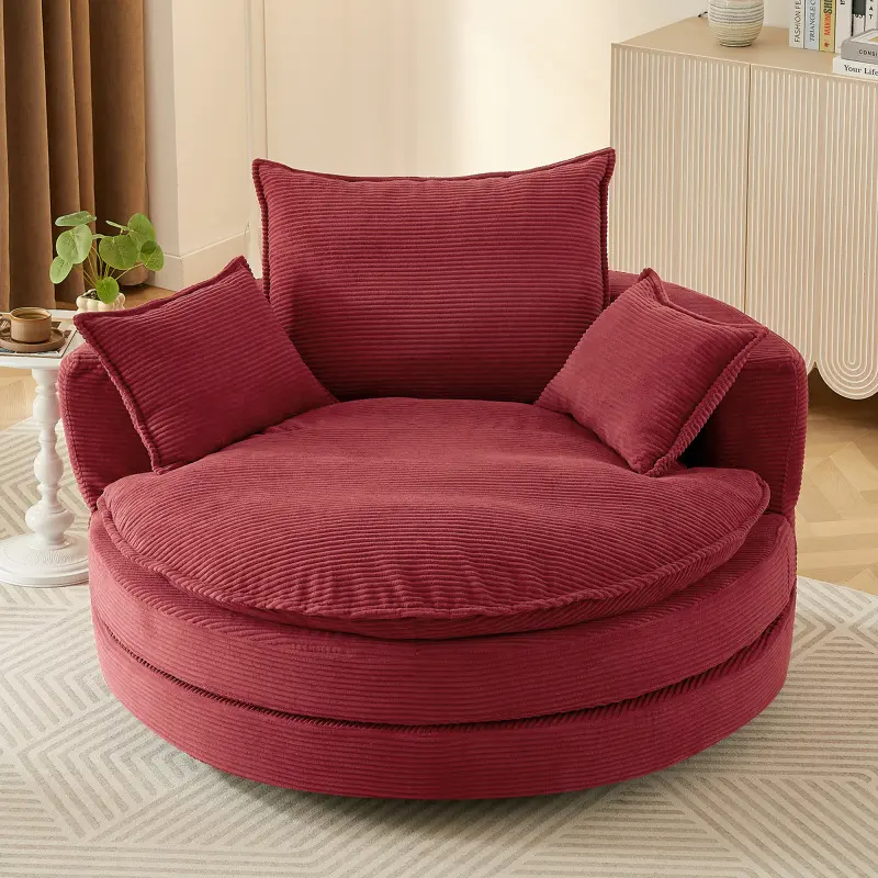 Oversized Corduroy 360° Swiveling Accent Barrel Chair, 57.5" Round Chair with Dual-layer Cushions and 3 Removable Pillows for Living Room, Bedroom