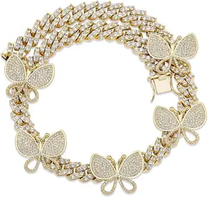 MaxBling81 Iced Out Butterfly Motif Necklace - 16" Short Cuban Chain Link, Lab Diamond Pendant, Cubic Zirconia, Women's Hip Hop Daily Costume Jewelry, Cuban Links & Hip Hop Necklaces, Butterfly Motif Necklaces