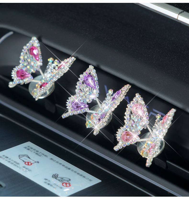 Dynamic Rhinestone Butterfly Car Decor Set, Bling Auto Dashboard Ornament & Air Vent Clip, Cute Car Interior Accessories for Women